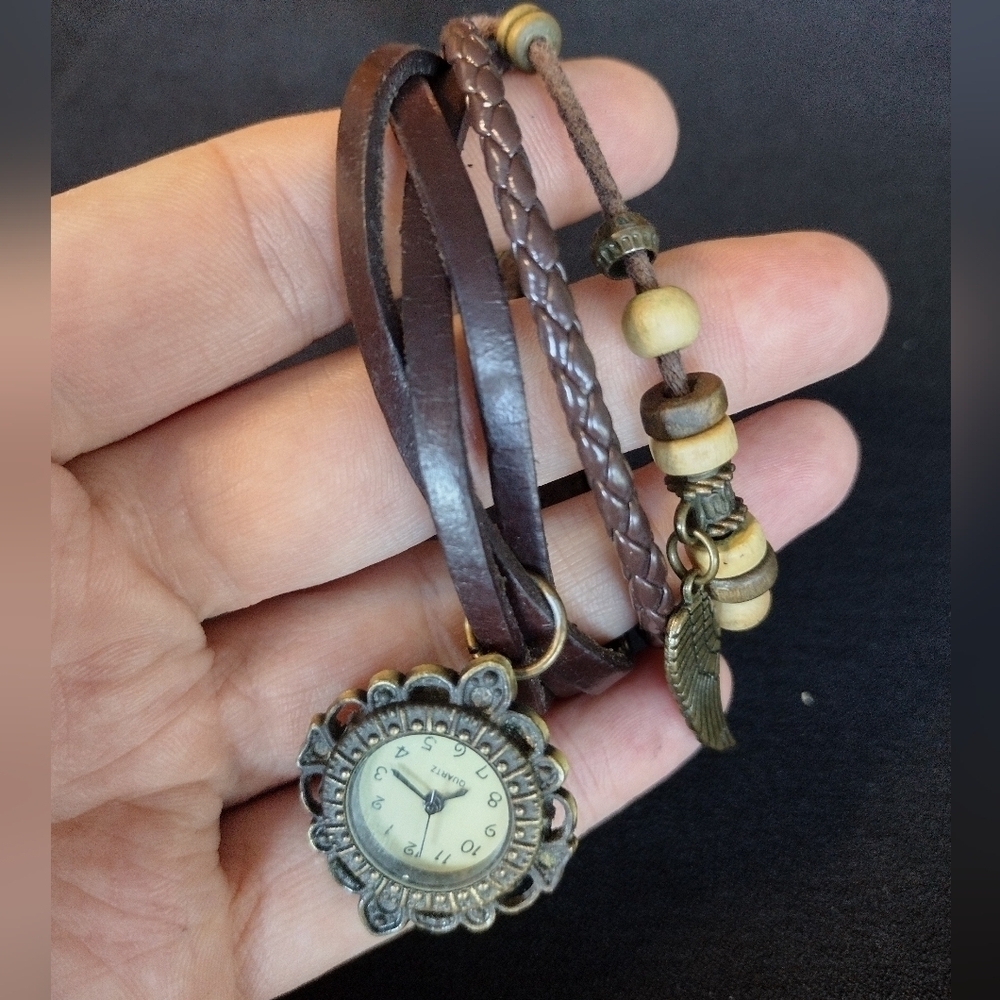 Vintage Boho Beaded Brown Leather Wrap Watch - Picture 8 of 9
